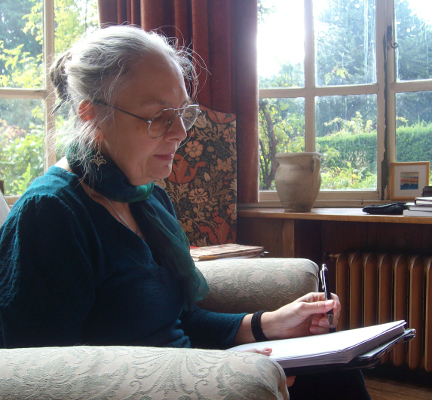 Debby working on a manuscript